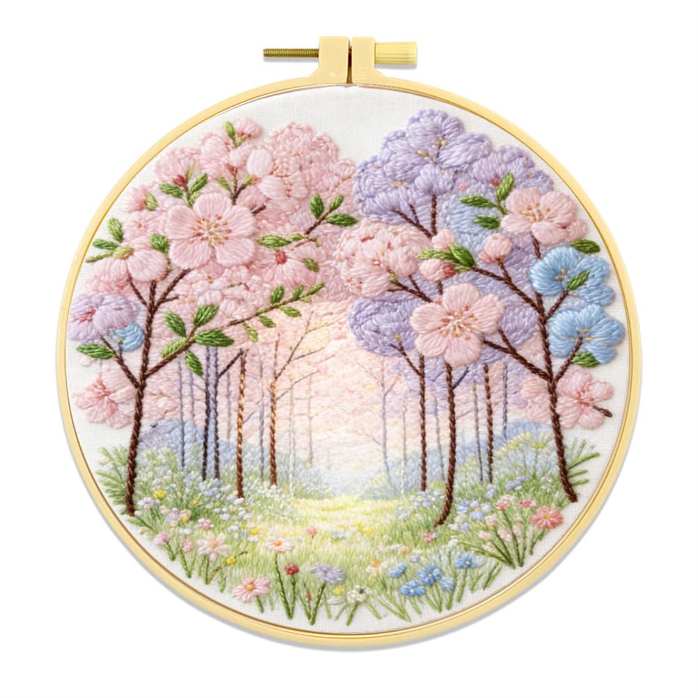 Meecaa Embroidery Kit Starter Set, Tree Flower Hand Embroidery Set, Pattern Printed Cross Stitch Set for Beginner Adults, with Embroidery Hoop and Instructions (Tree)