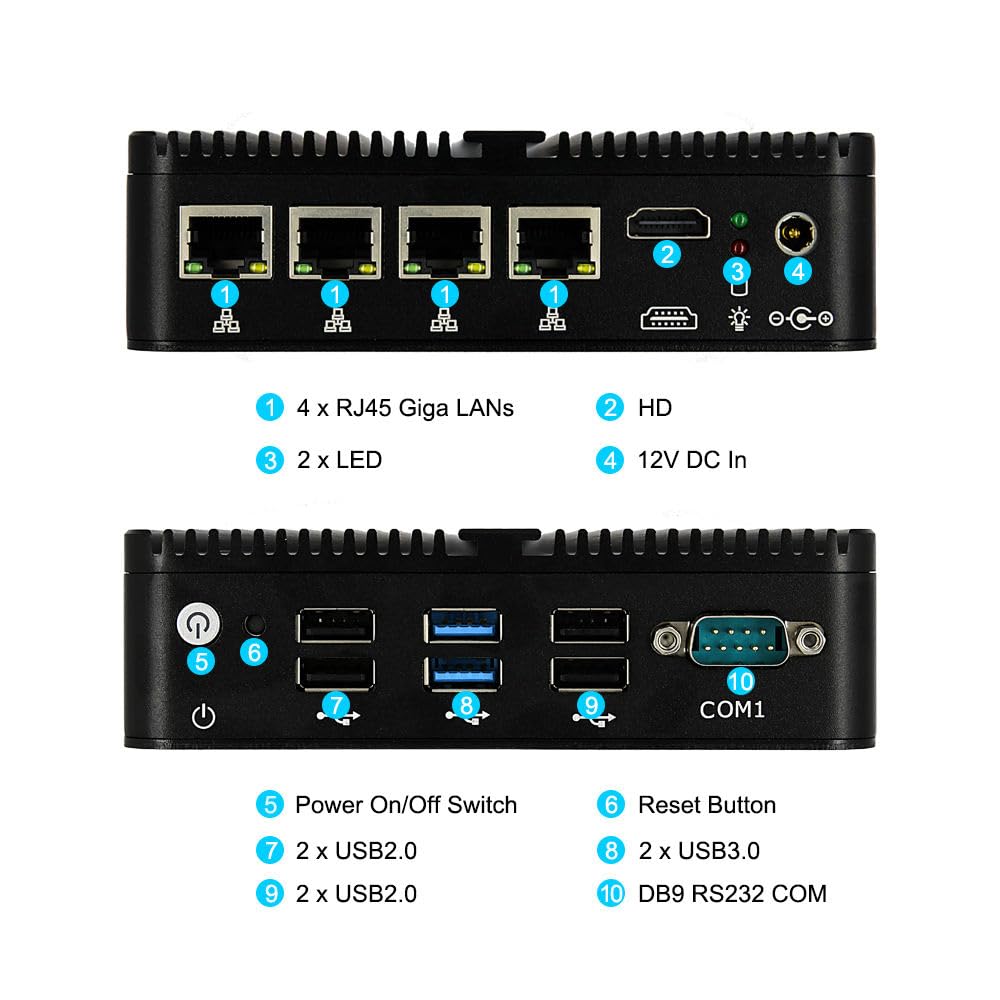 Industrial Firewall Mini PC Celeron J4125 Lüfterloser Router Computer, 4 x Gigabit Ethernet LAN, VPN Network Security Appliance, mSATA SSD, RS232 COM, HDMI, USB 3.0, Linux Win pf2.7