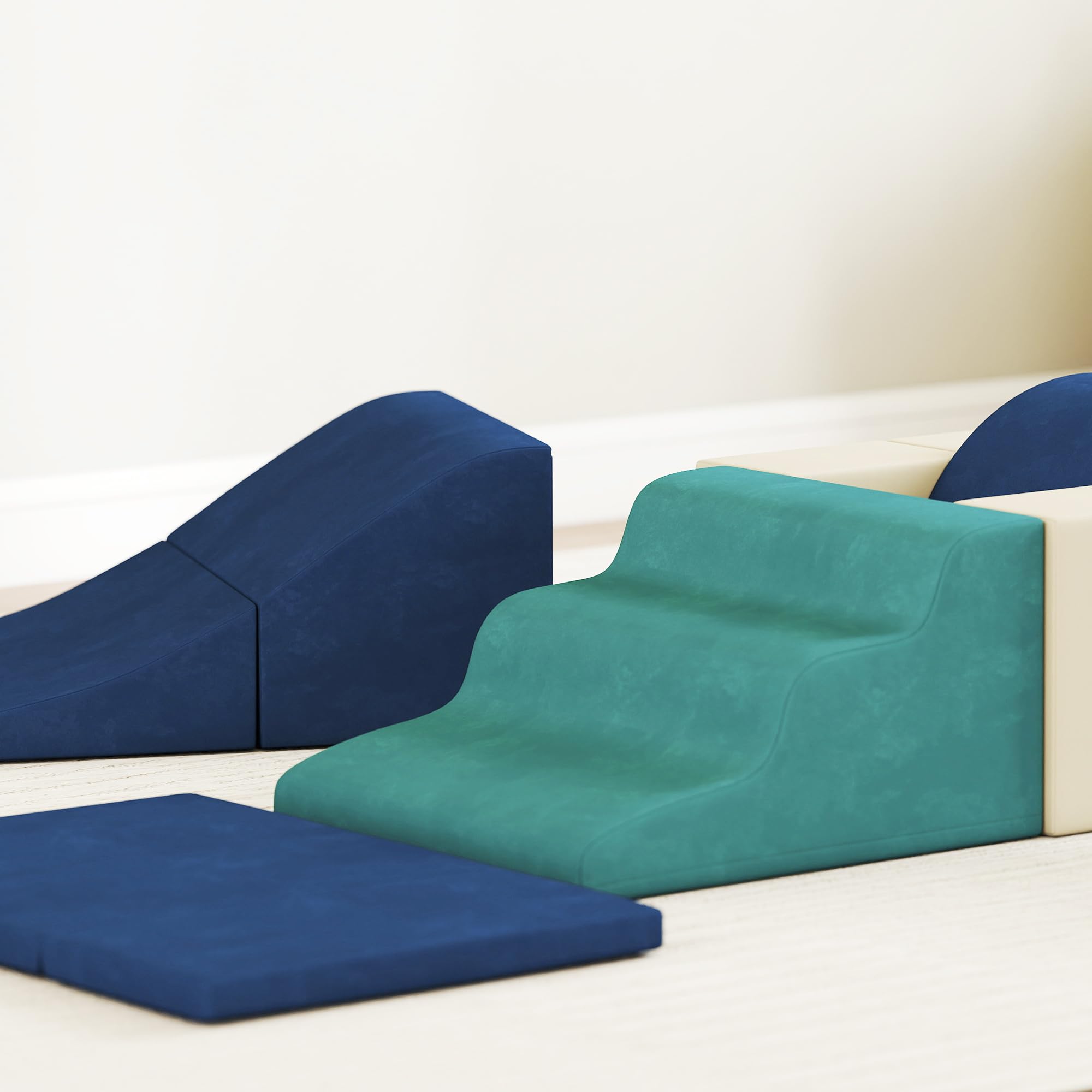 AIYAPLAY Kinder Schaumstoff Bausteine 7er Set Softbausteine Riesenbausteine Klettern Spielsofa Großbausteine mit Samtoptik Modulares Bausteine-Sofa Baby Kletterspielzeuge Dunkelblau