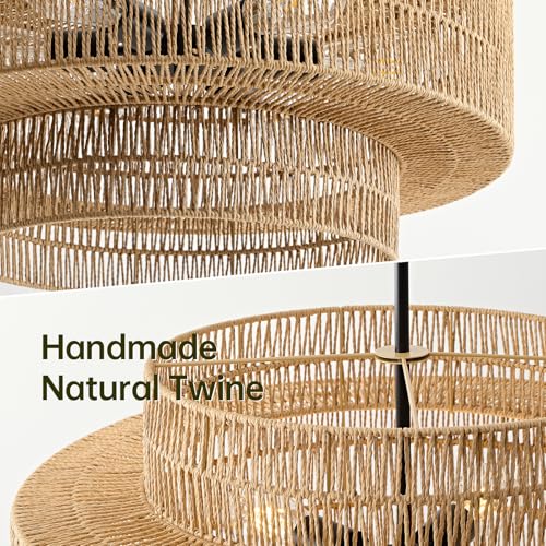 Image of 24 inch Boho Large Rattan Chandelier Light Fixture, 6-Light Large Black Pendant Light Fixture Farmhouse Rustic Chandeliers for Kitchen Bedroom, Dining Room, Living Room, Hallway, Foyer