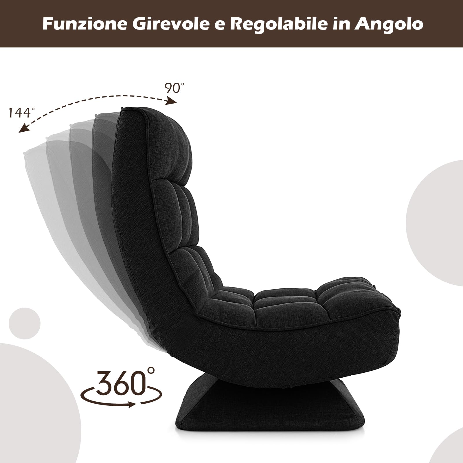 COSTWAY Poltrona da Terra Girevole 360°, Poltrona Relax con Schienale Regolabile a 4 Posizioni, Sedia Pieghevole con Base, per Soggiorno Camera da Letto (Nero)
