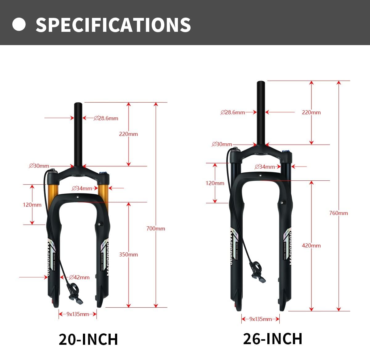 20/26 Inch Snow Beach Bike Suspension Fork Fat 4.0" Tire Bike Front Forks Travel 120mm Air Fork 1-1/8" Straight QR 9 * 135mm Adjustable Rebound