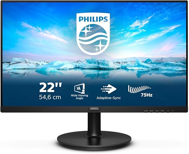 Philips 222V8LA - 22 inch FHD Monitor, 75Hz, 4ms, VA, Speakers, Flickerfree (1920 x 1080, 250 cd/m², HDMI / DP / VGA )