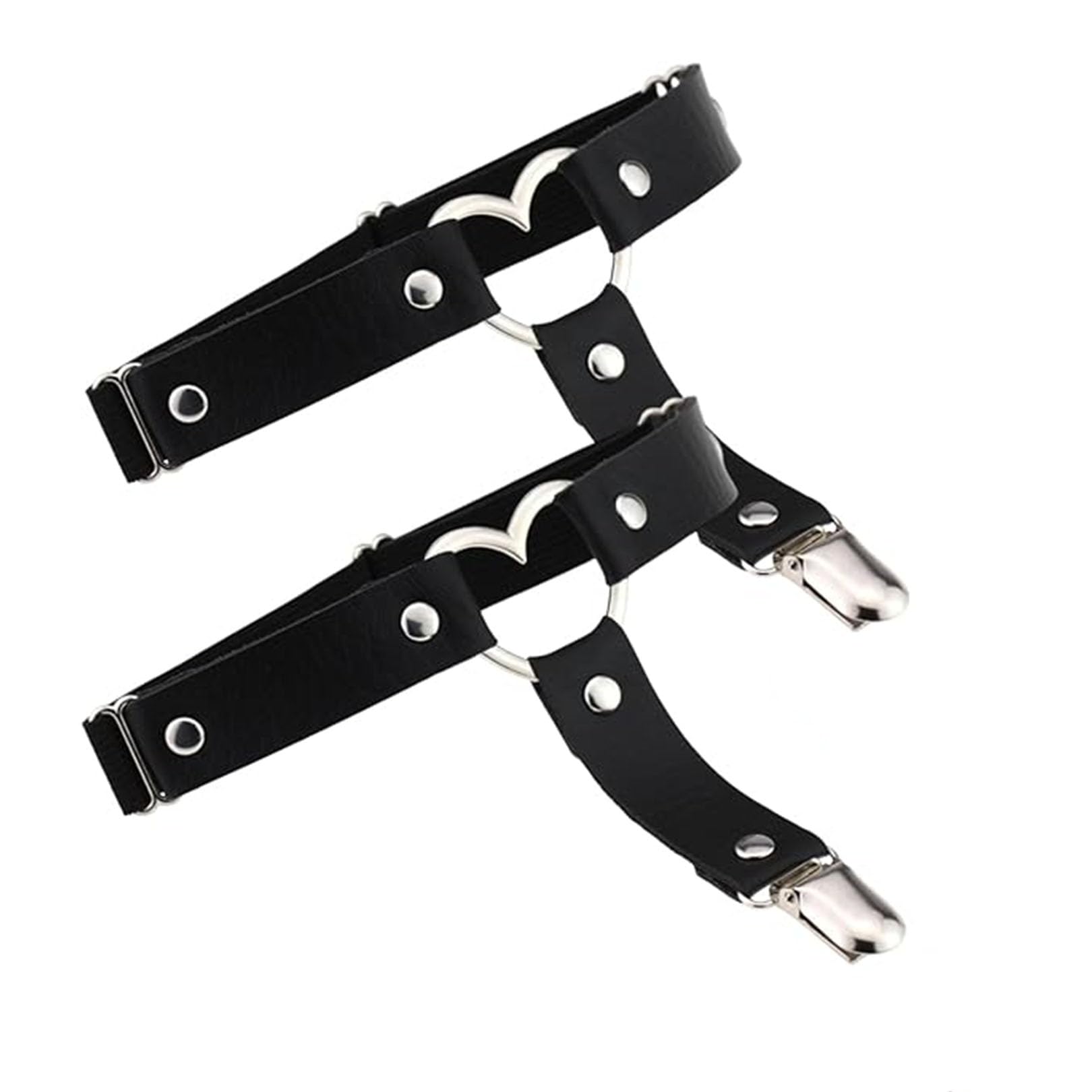 Besmrpg 2Pcs Womens Leather Thigh Garter Adjustable Black Garter Heart Shaped Leg G/arter with Clips Punk Goth Garters Anti Slip Thighs Belt for Thigh-high Socks