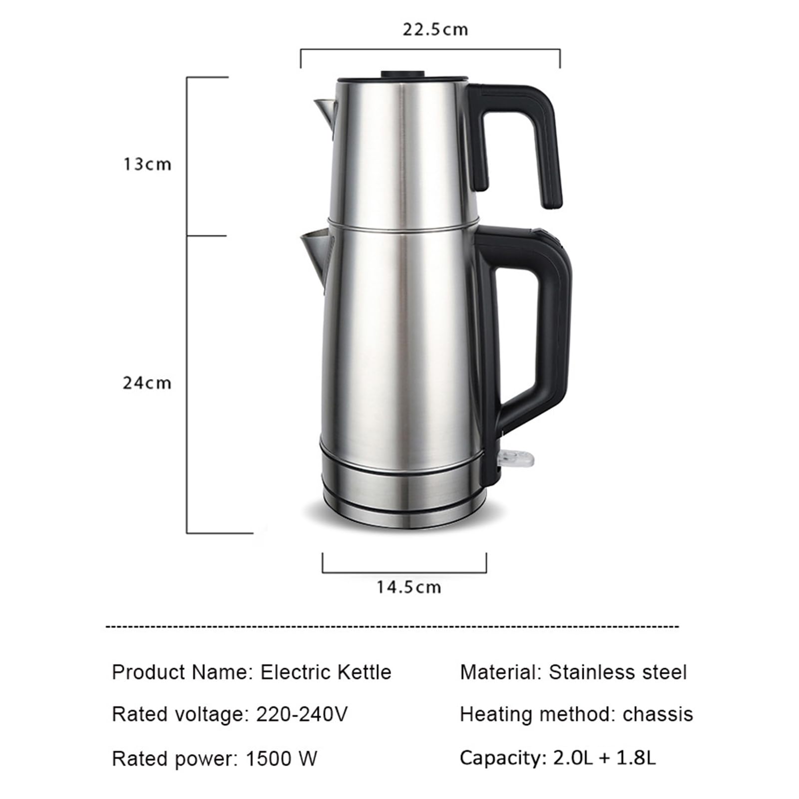 Turecki czajniczek elektryczny 2 l + 1,8 l, inteligentny zaparzacz do herbaty ze stali nierdzewnej, korpus obrotowy 360°, utrzymuje ciepło w temperaturze od 85 do 95°C, z filtrem do herbaty