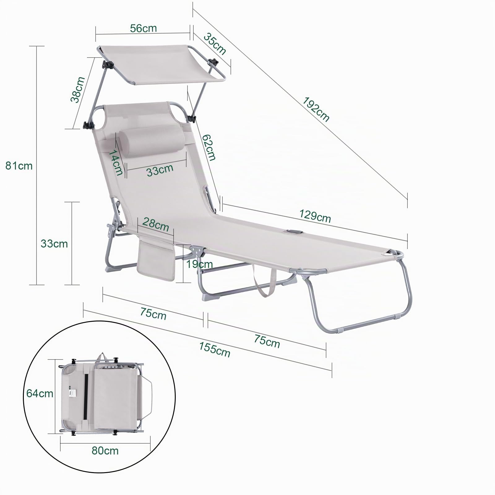SoBuy Sdraio da Giardino Reclinabile Lettino Prendisole Pieghevole con Cuscino Tasca Laterale e Parasole Sedia Sdraio da Esterno per Patio Campeggio Spiaggia Beige 155x56x81cm OGS48-MI