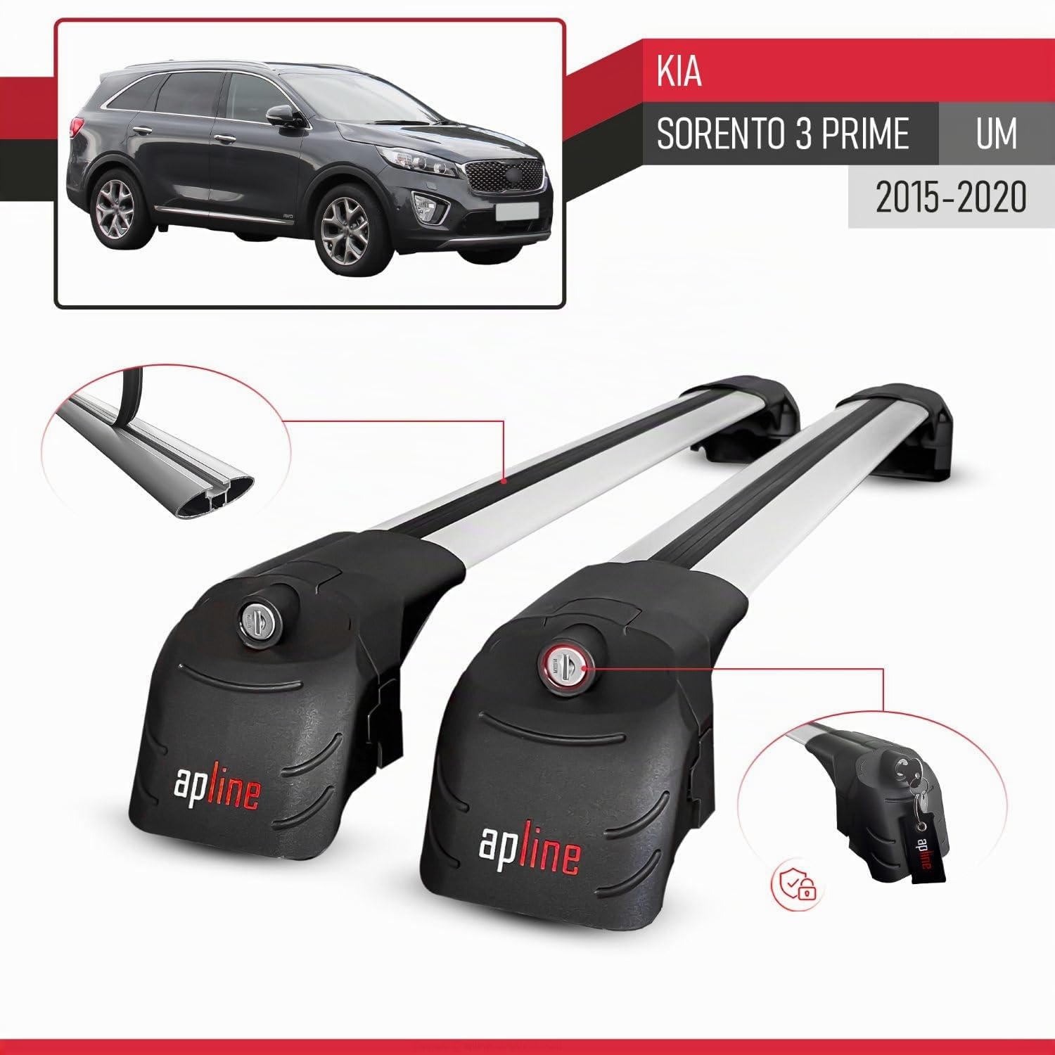 Kompatibel mit Kia Sorento 3 (UM) Prime 2015-2020 ACE-2 Modell Relingträger Dachträger Auto Gepäckträger Grau Aluminium 2 Stangen