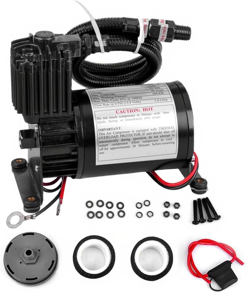 Universal 150 PSI Horns Heavy Duty Onboard Air Compressor, Replacement for Truck/Car Train Horn/Suspension/Ride/Bag kit/System and All 12v Vehicles like Semi/Pickup Trucks, Black 1/4 NPT
