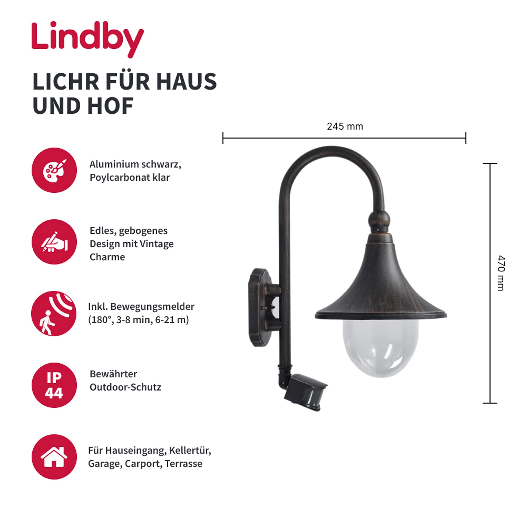 Lindby Wandlampe aussen mit Bewegungsmelder, Aussenwandleuchte Laterne IP44 Wandleuchte Finish rostbraun Außenbeleuchtung Wand für Hof Garten Terrasse Balkon Haus
