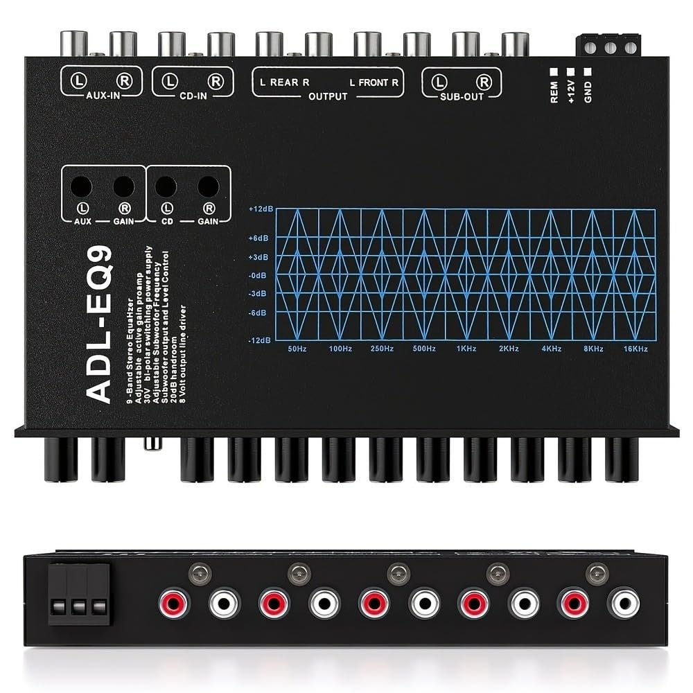 9-Band Car Audio Equalizer with Adjustable Frequency | Graphic EQ with Front, Rear &amp; Sub Outputs | 8V RMS Line Driver | Compatible with Car &amp; Boat - CD/AUX Input &amp; White Light Illumination (EQ9)