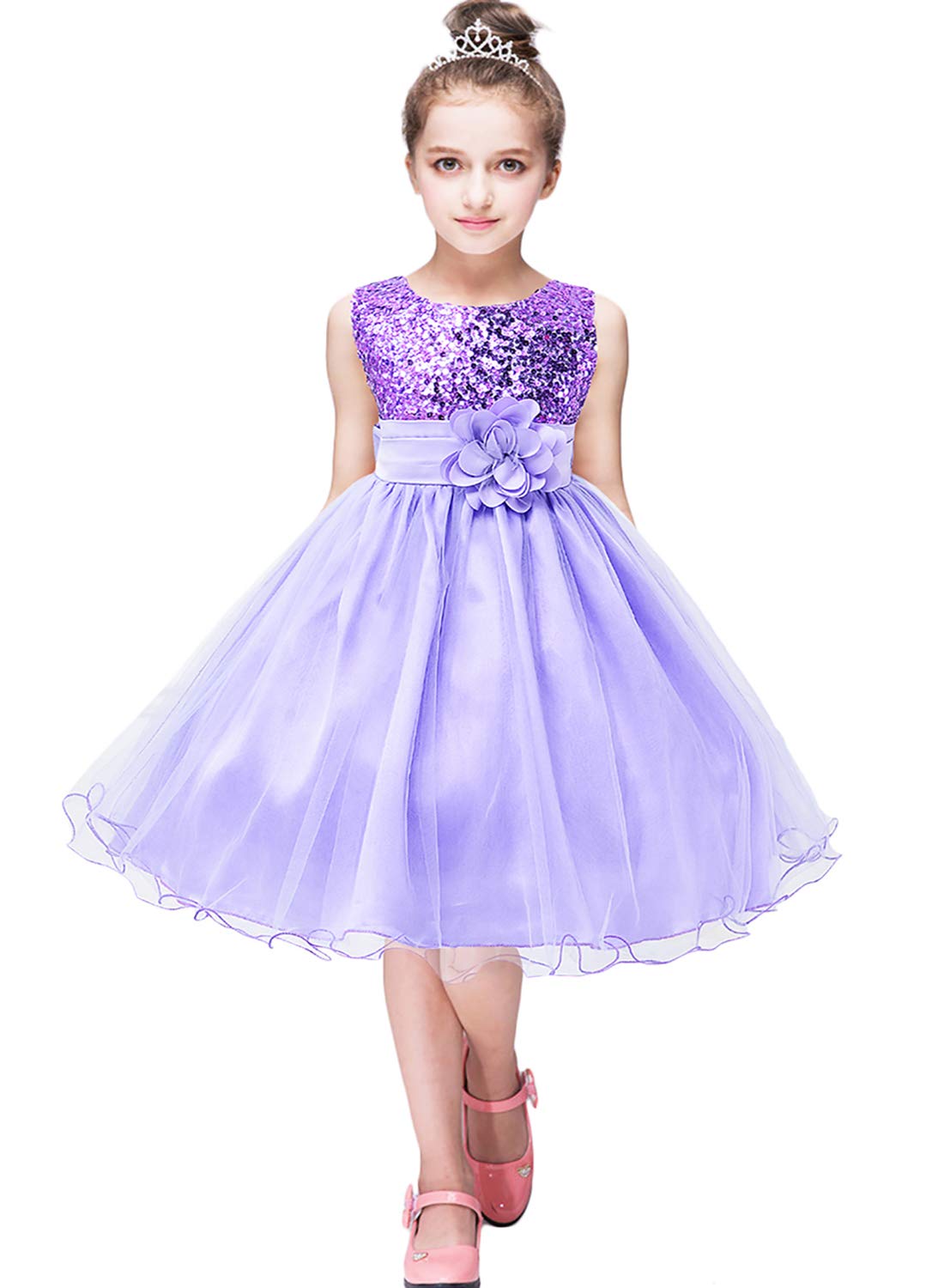 Buy OMZIN Little Girls' Sequin Mesh Flower Ball Gown Party Dress Tulle