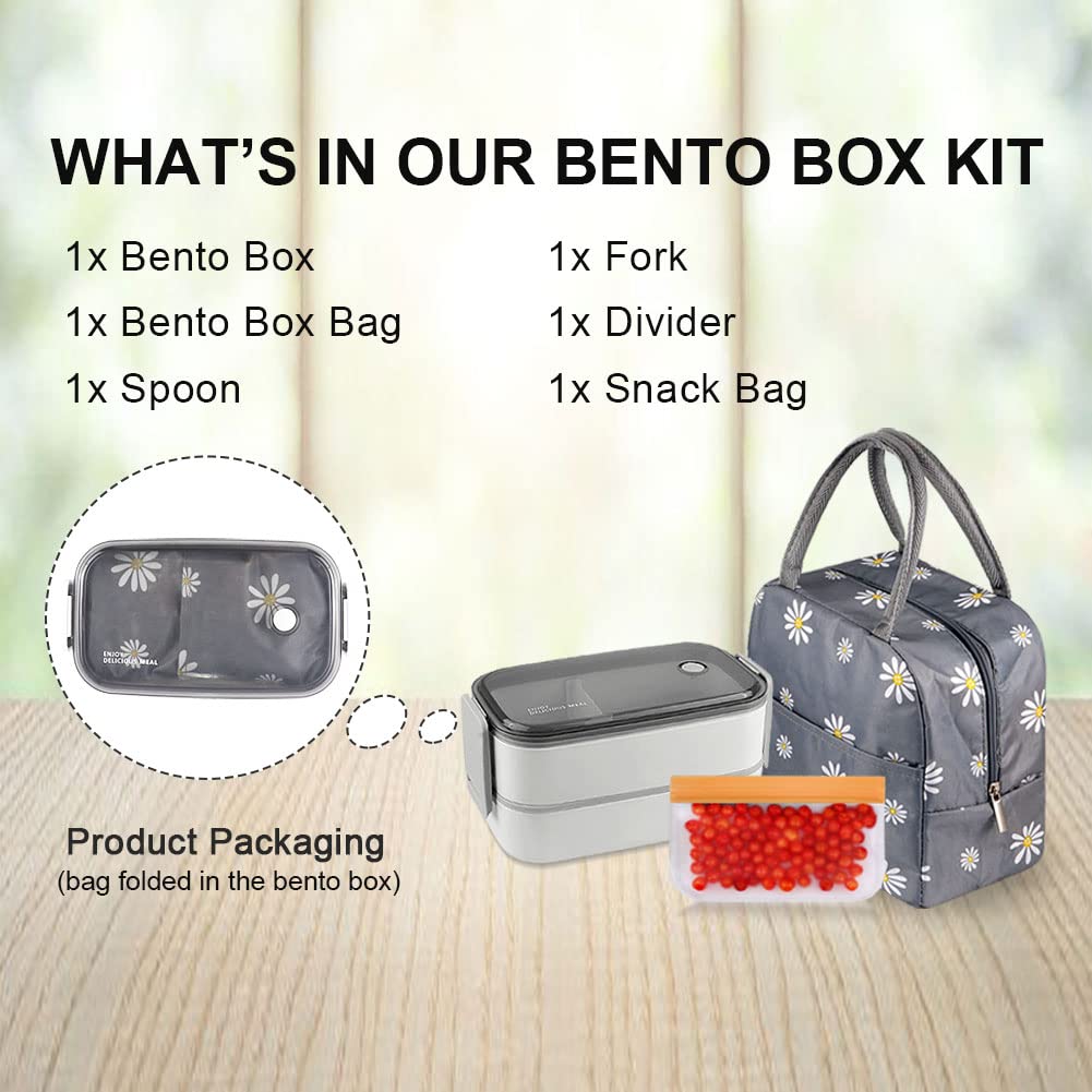 Bento Box pudełko na lunch, 2-warstwowe, szczelne, pojemniki na lunch bez BPA, z torbą na przekąski, pudełka Bento dla dorosłych / dzieci, z przyborami (białe)