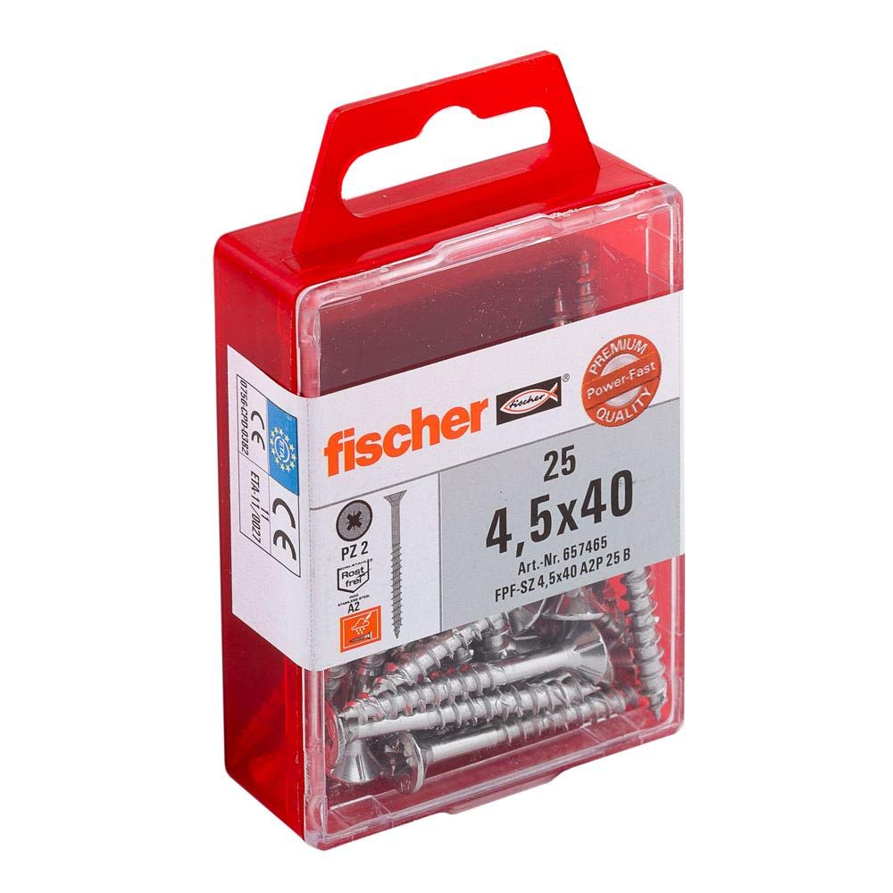 Fischer 657465 4.5 x 40 mm A2 TG PZ "Power-Fast" Countersunk Head-Screw - Multi-Colour (25-Piece) — image 1