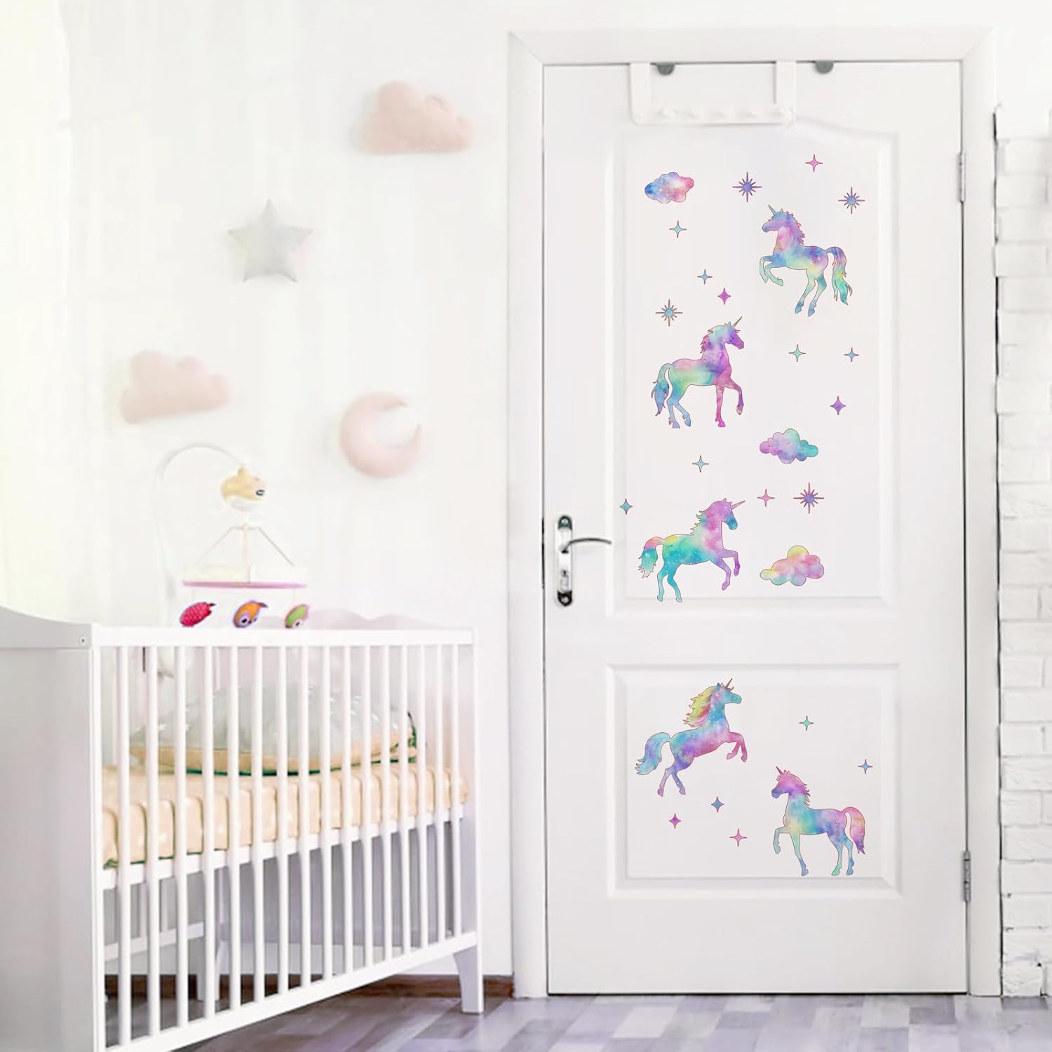 Mfault Galaxy Unicorn Watercolor Wall Decals Stickers, Pastel Gradient Glitter Clouds Stars Nursery Decorations Baby Bedroom Art, Toddlers Kids Girls Boys Room Playroom Decor - Image 5