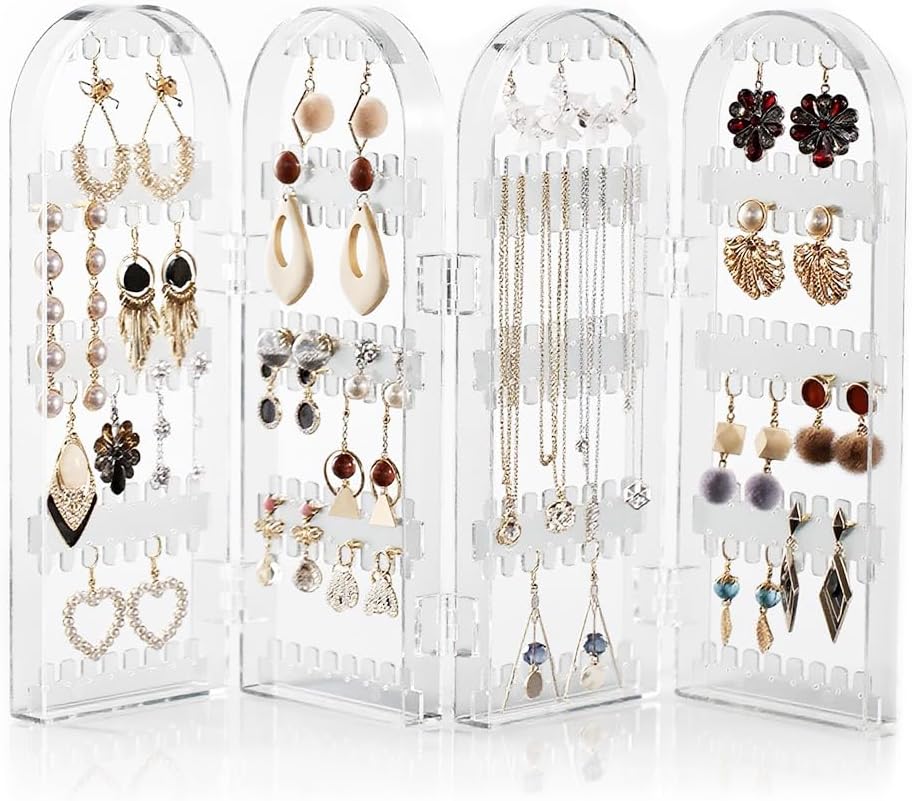 HASTHIP® Earrings Display Stand 4-Panel Desk Earrings Ear Studs Storage Rack, Fashion Clear Mini Folding Screen Design Dresser Ear Jewelry Organizer