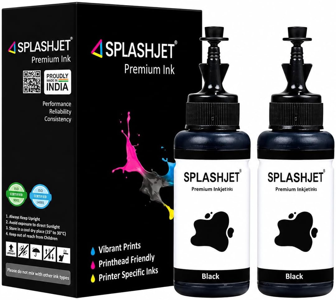 Splashjet T664 Black Compatible Refill Ink for Epson L130, L360, L380, L361, L565, L210, L220, L310, L350, L355, L365, L385, L550, L555, L605, L1300 Printer - (70g x 2 Bottle) Black - 501757