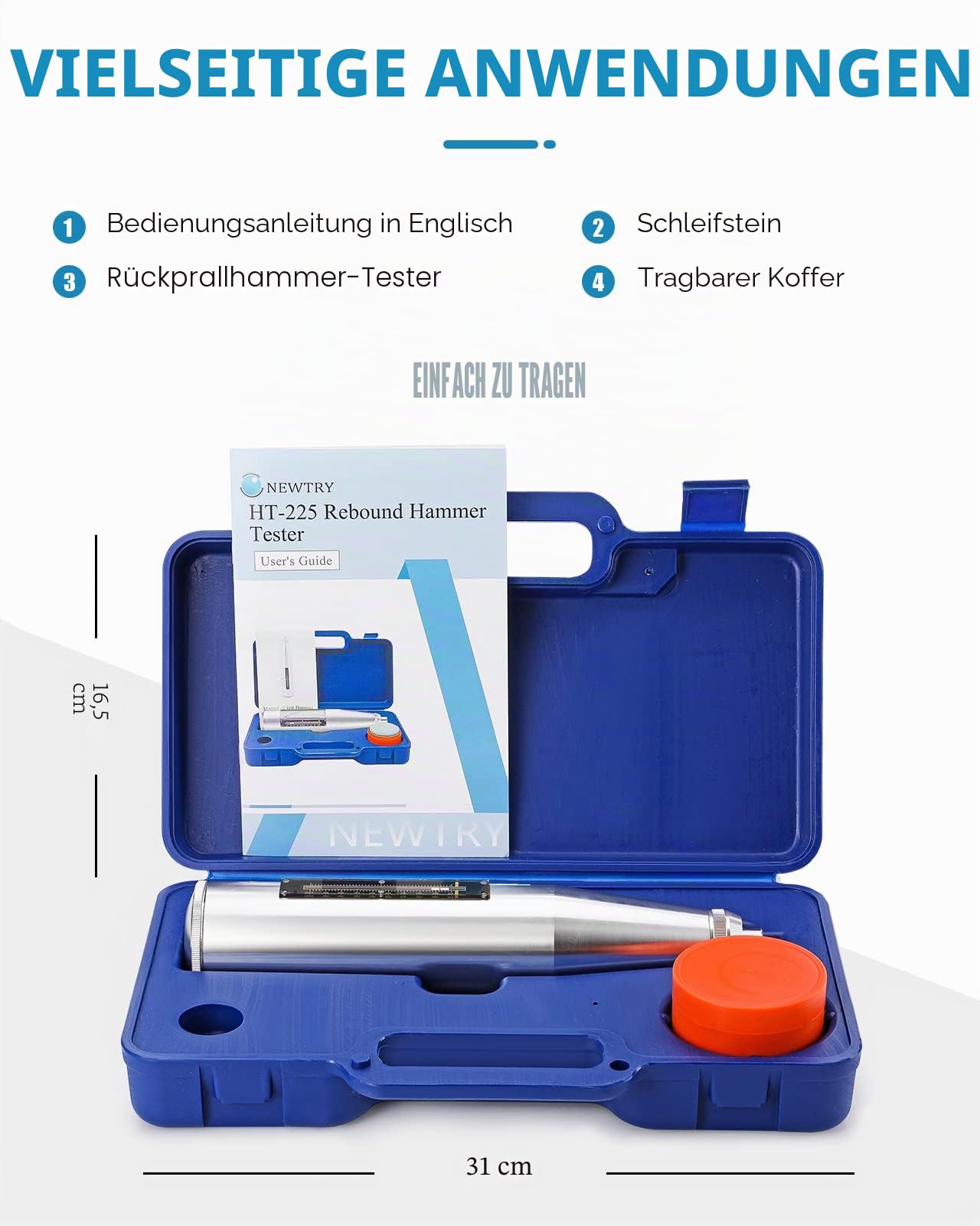 NEWTRY Tragbarer Beton-Rückprallhammer-Tester, 10–60 MPa, Resiliometer, Hammer, Testgerät, Werkzeug, HT-225