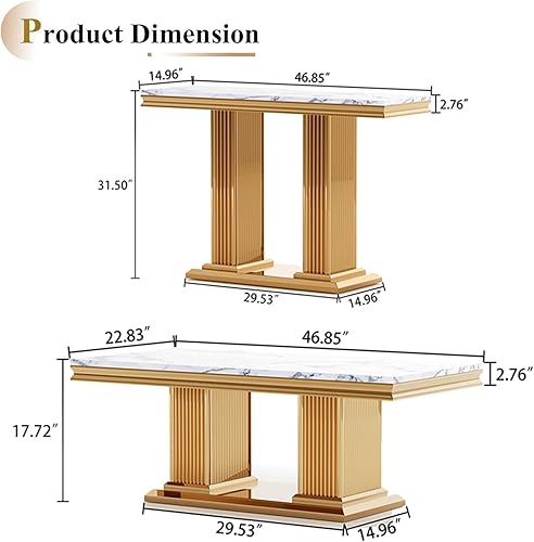 Miniatura 3 de Juego de 2 mesas de sala de estar, mesa auxiliar de mármol sintético y mesa consola dorada, mesa auxiliar rectangular de lujo blanca y dorada, juego