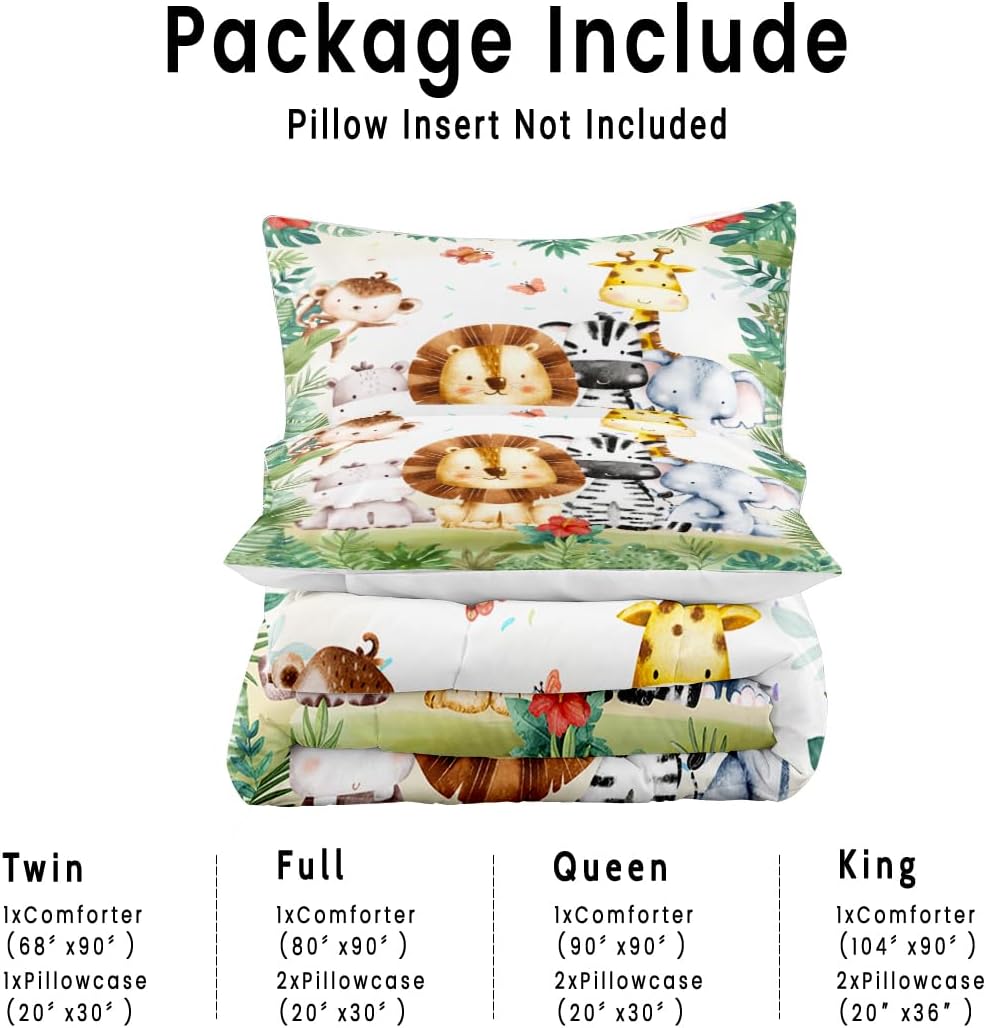 Kids Comforter Set Jungle Safari Animals Printed Pattern Quilt Bedding Set with 1 Comforter and 1 Pillow Cover for Boys Girls Bedroom All Season, Twin 68x90inches
