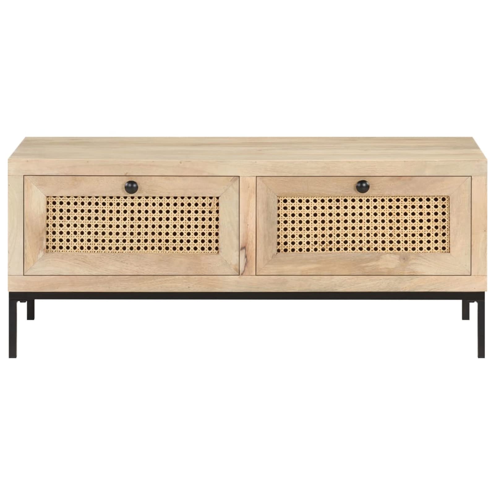 Homgoday Table basse 90 x 50 x 37 cm en bois de manguier massif et canne naturelle, table d'appoint pour salon, salle de réception d'invités, chambre à coucher et mobilier de bureau