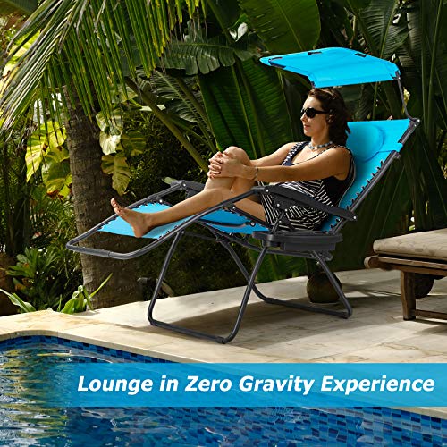 Safstar Zero Gravity Chair With Shade Canopy, Reclining Lounge Chair With Adjustable Canopy Removable Headrest, Cup Holder, Folding Zero Gravity Lawn Chair For Patio Poolside, Assembly-Free, Blue #TOP1