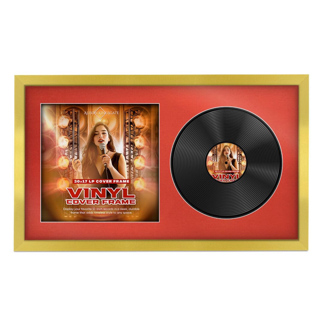 Alison Kingsgate 30×17” Gold Vinyl Record Frame- Fits 12” LP Cover & Disc - Engineered Wood with Shatterproof Perspex - Stylish Sleek Display for Your Home or Music Collection - Poppy Red Mount