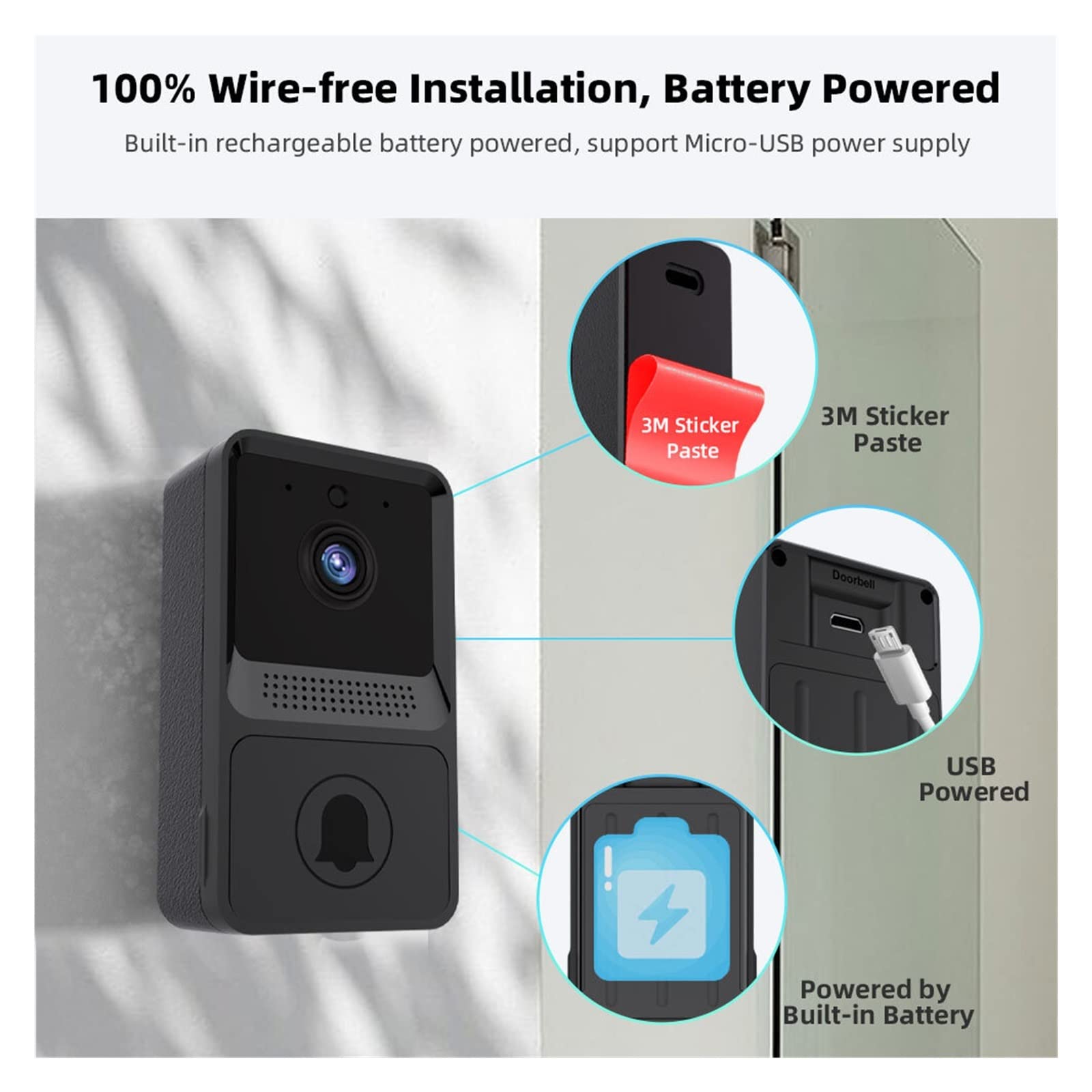 Sonnette sans Fil avec Camera, Interphone sonnette caméra extérieure sans fil sonnette de porte alimenté par batterie sécurité à domicile alarme vidéo sonnette moniteur caméra ,Maison Intelligente