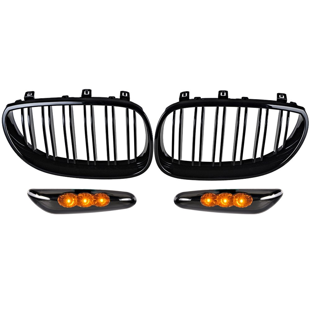 Glossy Black Double Line Front Upper Kidney Grille + T10 Side Marker Lights Compatible with 2004-2010 E60 E61 5 Series 4-Door