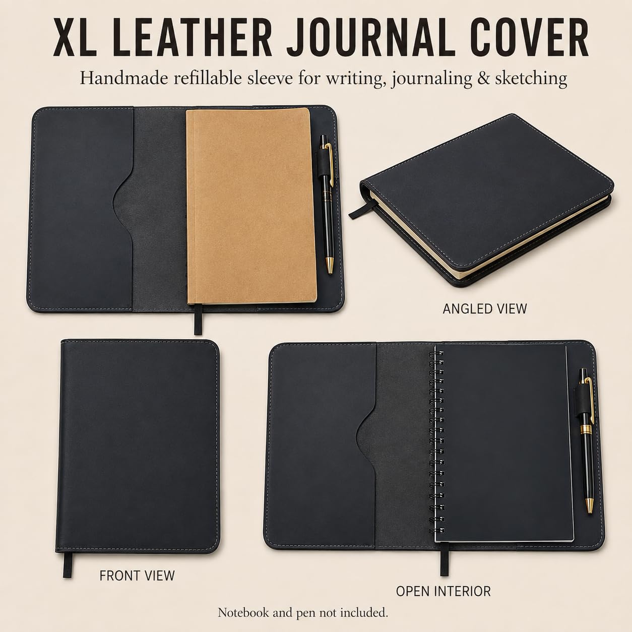 Funda de cuero XL para cuaderno de bocetos B5, color negro