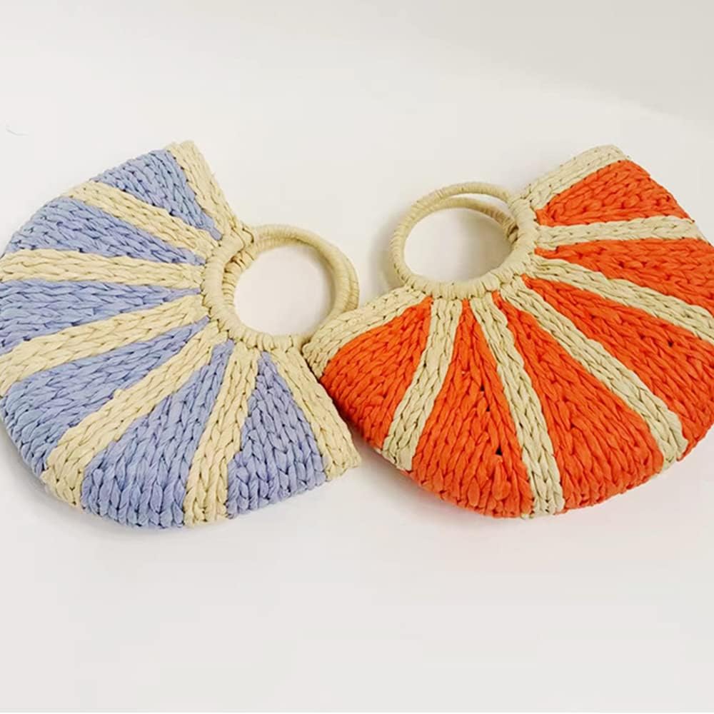 Semi-circle Rattan Straw Handbags, Hand-woven Women Summer Retro Straw Tote Bag Crossbody Bag, Colorful Boho Bag