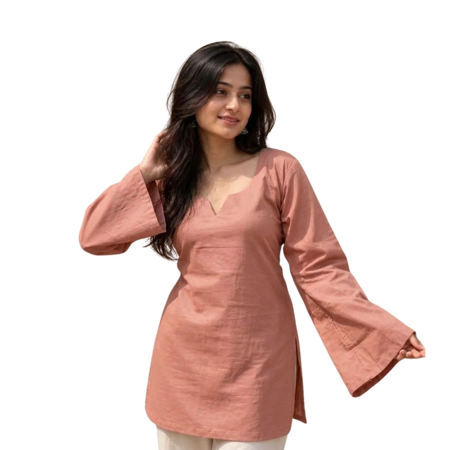 Women's Solid Cotton Blend Kurta | Stylish Peach Straight Kurti with V-Neck & Bell Sleeves | Casual Ethnic Top for Women | Office Wear, Daily, College-picture-55