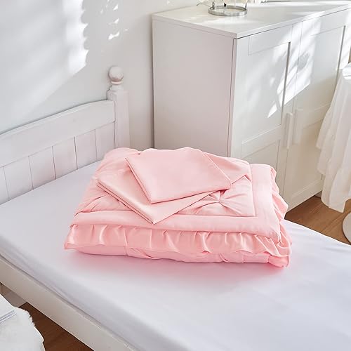 Miniatura 7 de Juego de ropa de cama plisada de 4 piezas para niños pequeños con flecos de volantes, color sólido, rosa, unisex, juego de sábanas para niñas