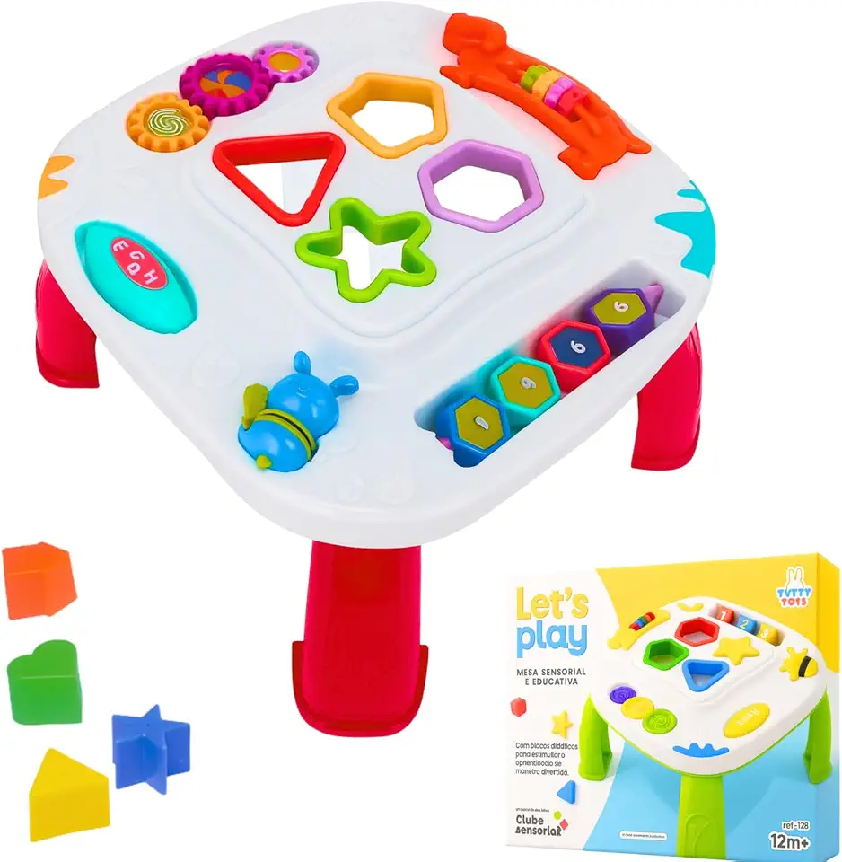 Mesa Mesinha Infantil Didática Divertida Brinquedo Sensorial Atividades Interativas Formas Encaixar (Branca)