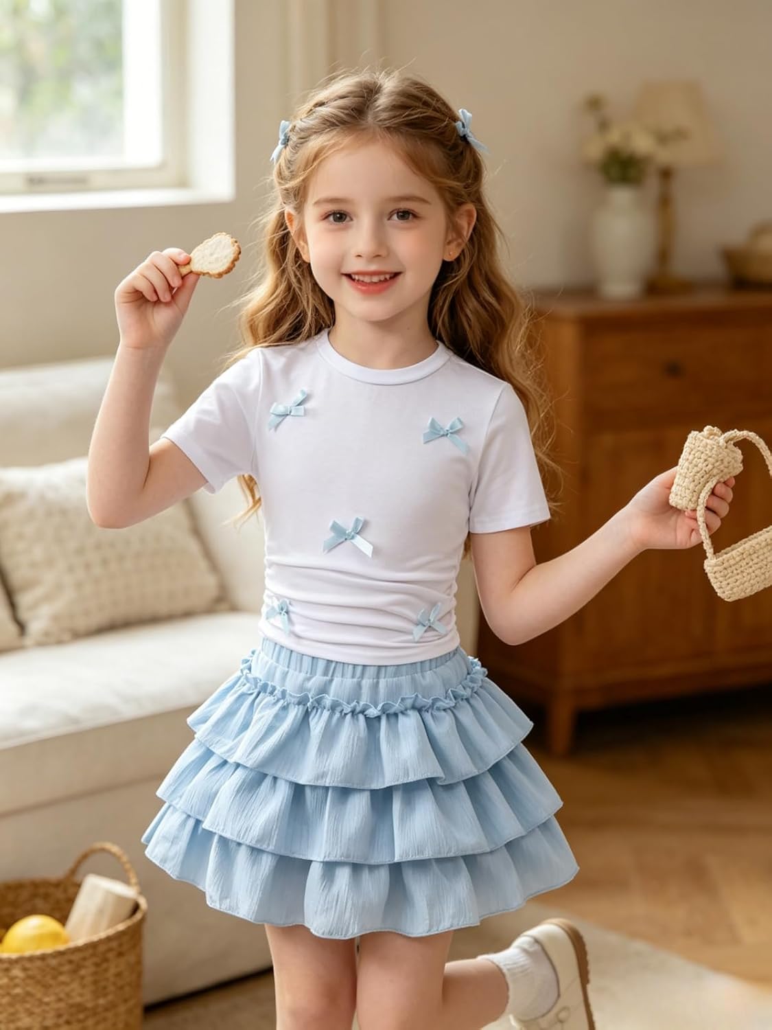 Tween Girls Skirt Set Cute Bow Short-Sleeved Top and Ruffle Skirt Summer 2 Piece Outfit Size 7-14