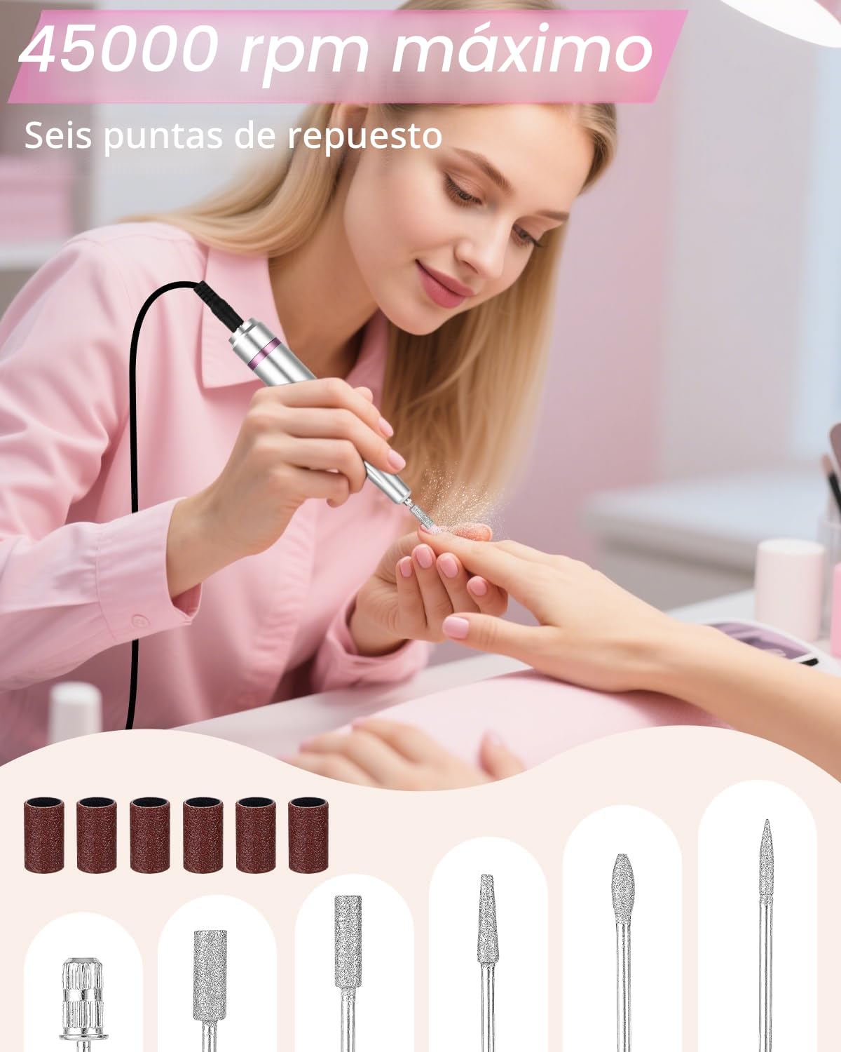 Torno para Uñas Profesional 45000 RPM,Torno de Uñas Inalambrico Pulidor Lima Electrica Uñas Portatil para Semipermanentes Acrilicas Manicura y Pedicura, Baja Vibración, Salón DIY
