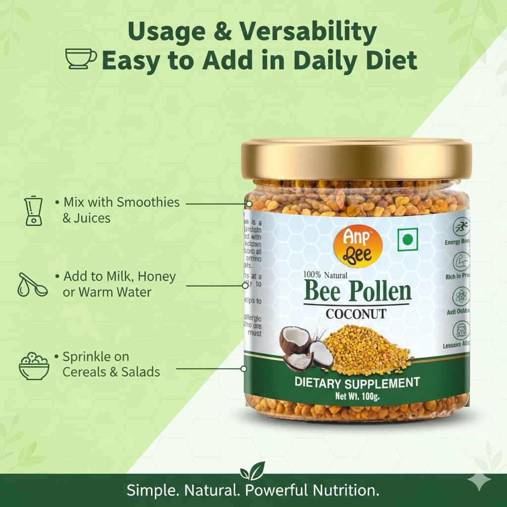ANP BEE Honey Coconut Bee Pollen Granules (Bee Bread) 100gm, Plant Based Protein, 100% Pure Natural Superfood, Rich in Protein, Vitamins & Minerals, Boost Stamina & Energy, Ayurvedic Health Supplement — Amazon image 4