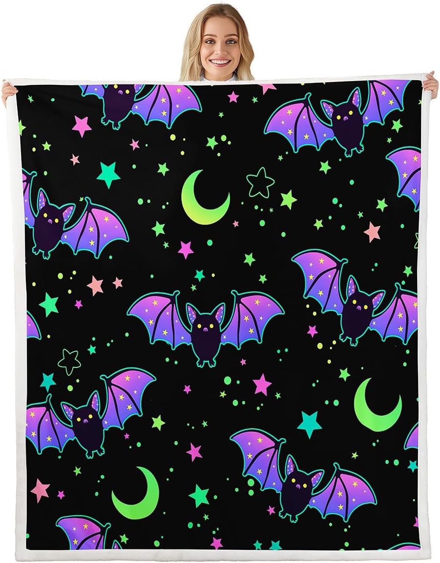 Castle Fairy Halloween Throw Blanket,Neon Watercolor Bat Bed Blanket for Kids Boys Girls,Gothic Starry Sky Fleece Blanket Horror Festival Fuzzy Blanket for Office Chair,50"x60"