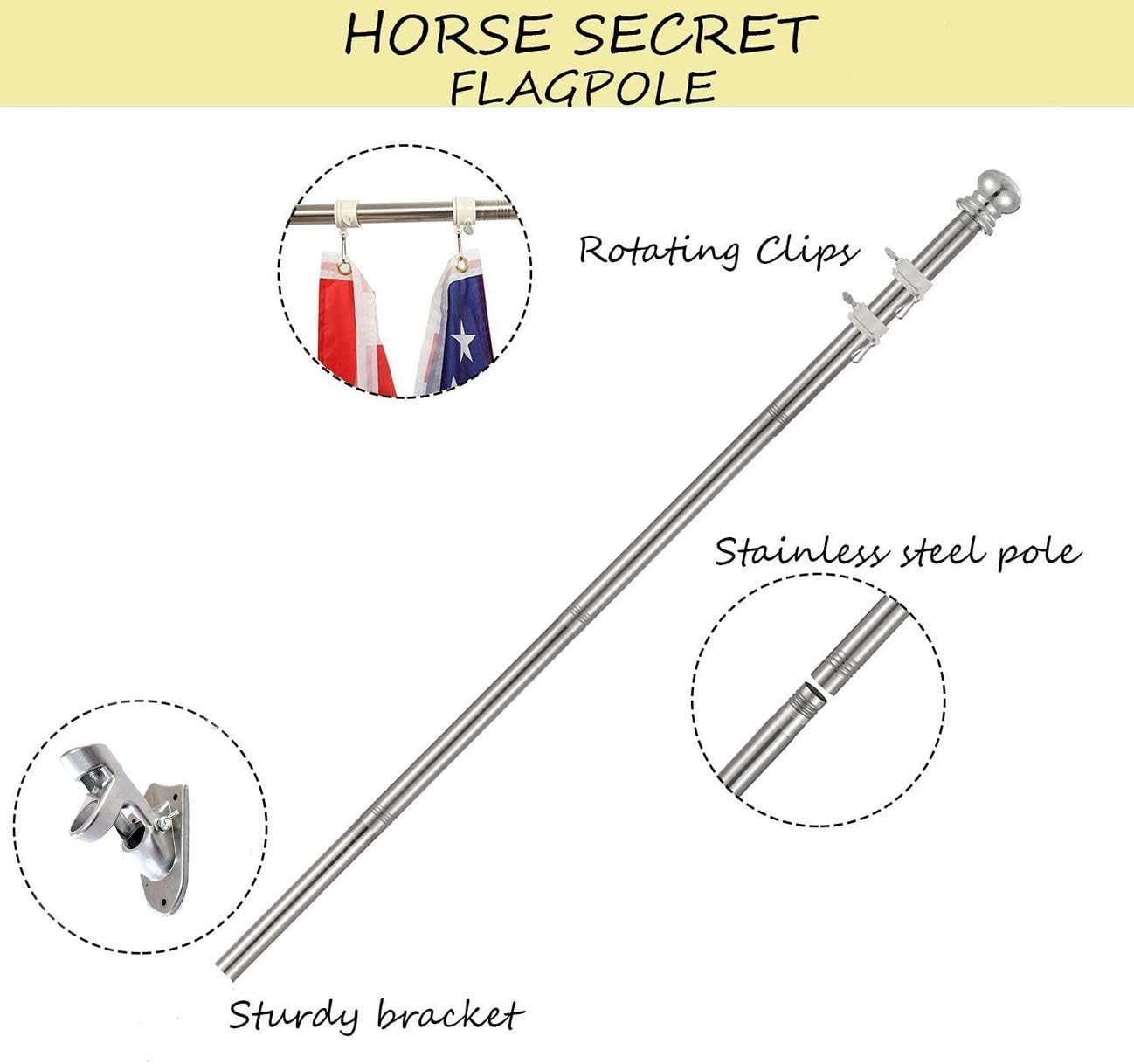 HORSE SECRET Flag Pole - 5 FT flagpole kit with Silver Bracket and Rotating Rings for American Flag Wall Mounted-Stainless Steel for House Backyard Garden Roof Walls Yard(Pole & Bracket Only)