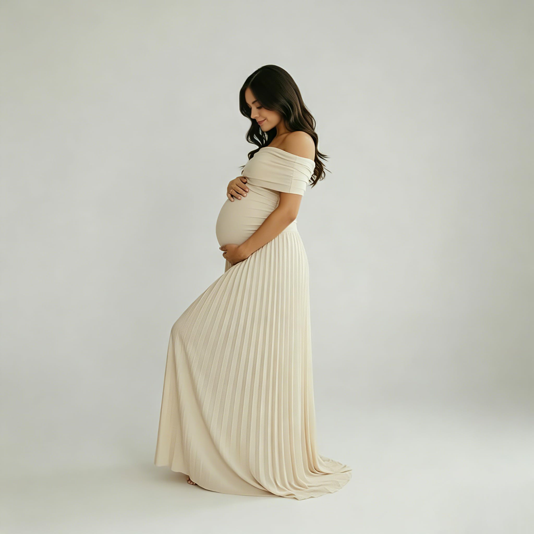 Cichic Robe de maternité à épaules dénudées, robe plissée fluide pour séance photo, fête prénatale, invitée de mariage, nude/beige