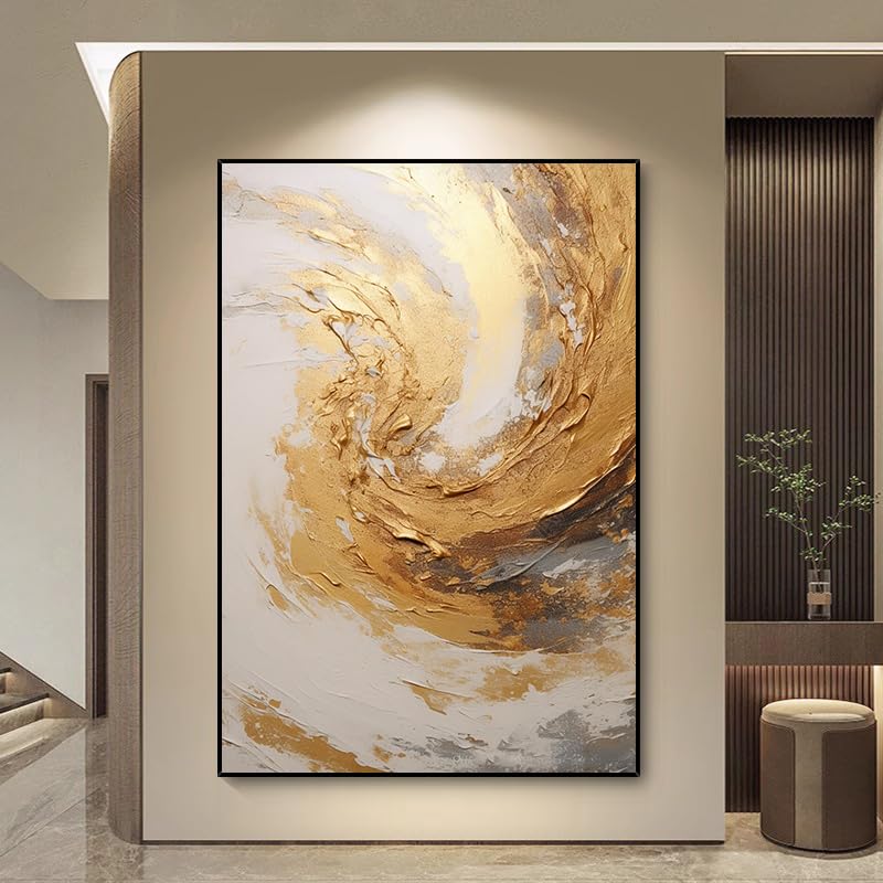 Tableau moderne abstrait nuage doré, décoration murale salon peinture à l'huile
