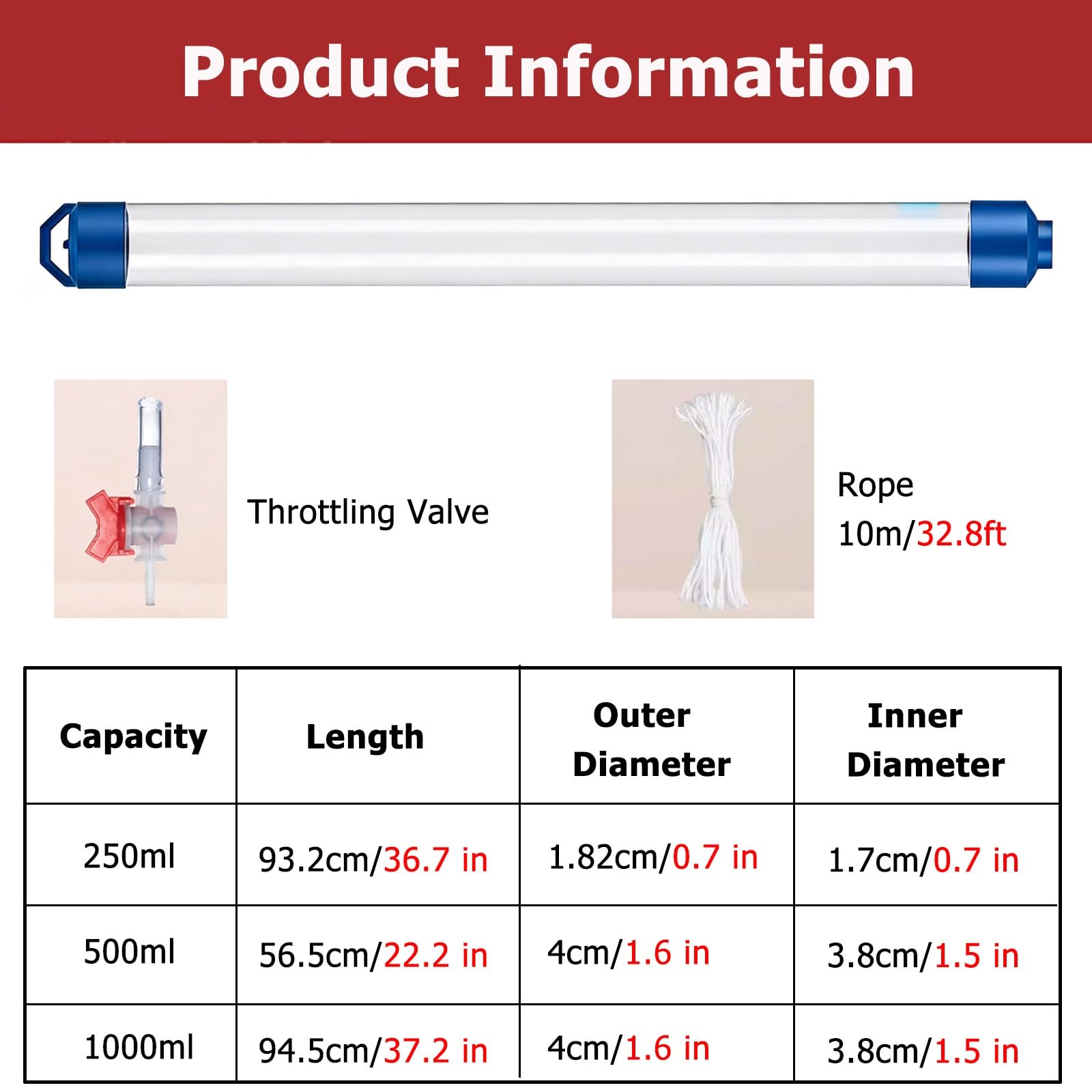 Campioni d'Acqua Kit per Il Campionamento dell'Acqua con 1 Valvola Regolazione E Fune 10m, Campionatore per Liquidi 250 500 1000ml, Campionatore A Immersione Sottile(37 1/5 in(945mm)-1000ml)