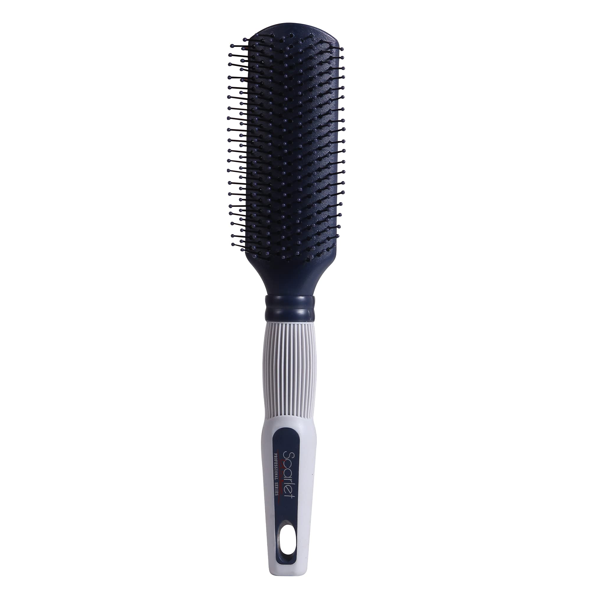 Professional 9 Rows Large Flat Hair Brush with Anti Slip Rubber Grip Handle, Ball Tip Nylon Bristles for Hair Styling, Navy Blue n Silver
