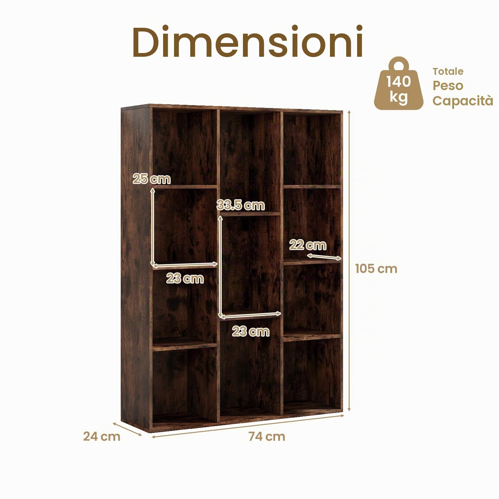 KOMFOTTEU Libreria Aperta con 11 Scomparti, Libreria a Cubi, Arredamento Casa, Scaffale da Ufficio, 74 x 24 x 106 cm (Marrone)