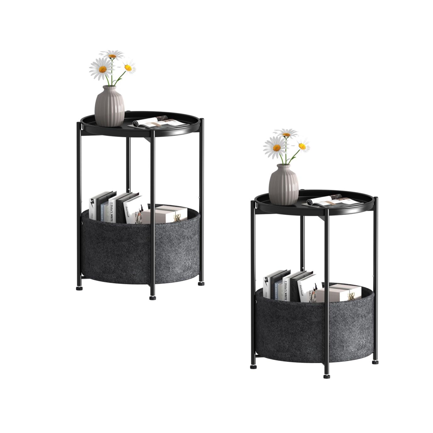 Garden 4 you Small Side Table, Mini Round End Table, Black Tray Table with Fabric Storage Basket, Modern Nightstand for Living Room, Bedroom, Patio,