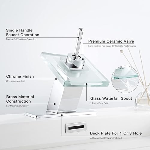 Miniatura 3 de Grifo de lavabo de baño con boquilla de vidrio en cascada, grifo de baño cromado de una sola manija, un agujero, moderno, lavabo, lavabo, mezclador,