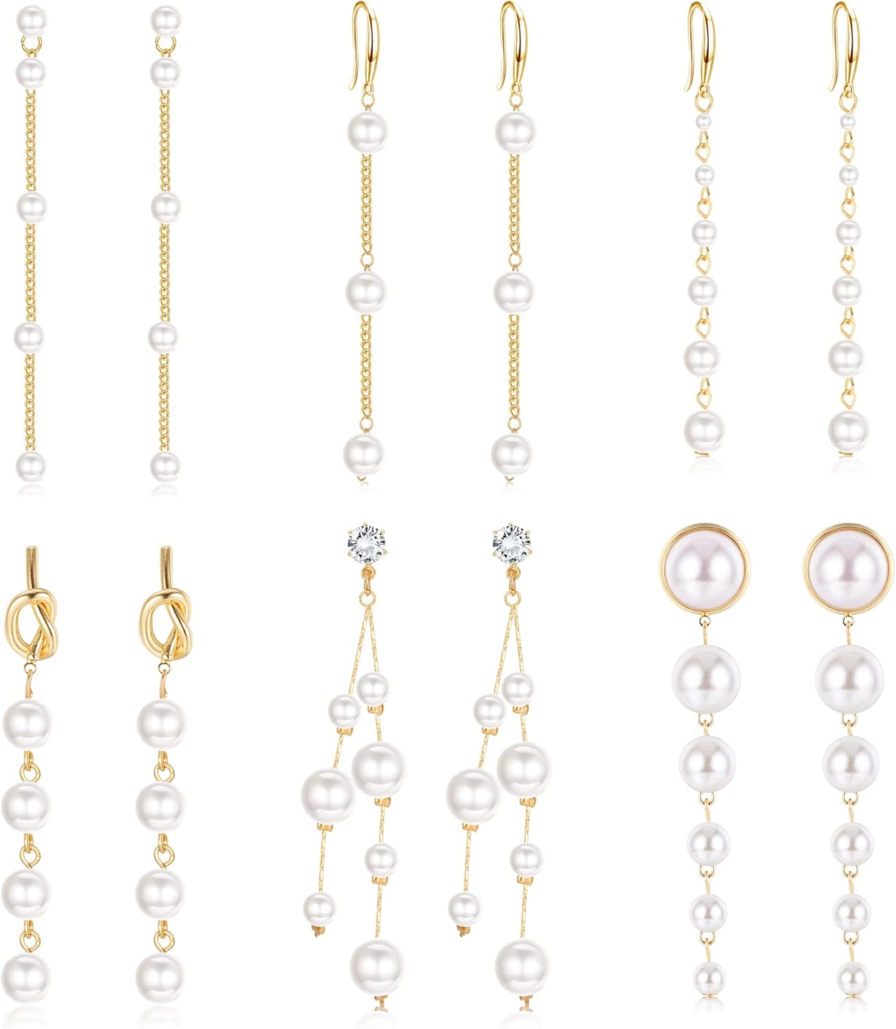 HAIAISO 6 Pairs Long Pearl Earrings for Women – 14K Gold Plated Tassel Drop Dangle Threader Earrings – Jewelry Gifts