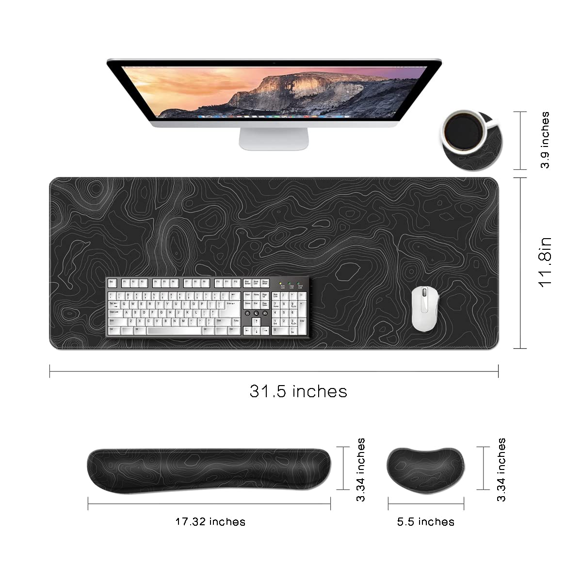 MIBITRI Set Tappetino Mouse Gigante + Poggiapolsi Ergonomico In Memory Foam – Antiscivolo E Impermeabile Per Gioco E Ufficio
