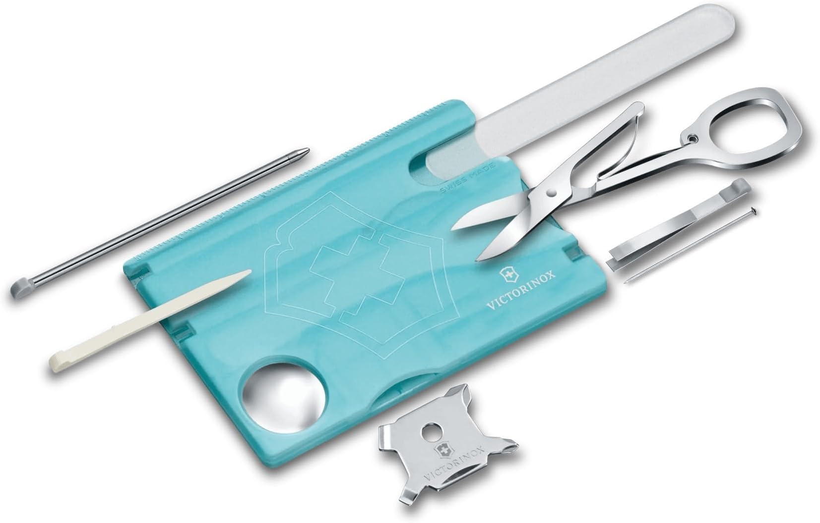 Swiss Card Nail Care, Swiss Made Pocket Tool, Credit Card Size, 13 Functions, File, Scissors, Blue Transparent