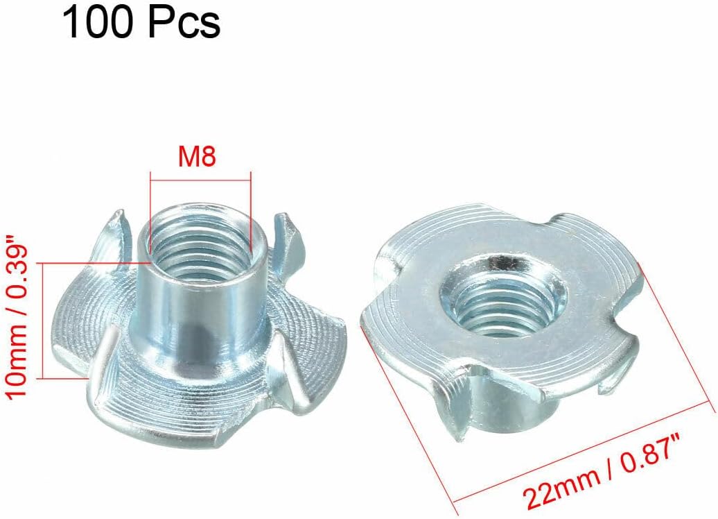 Toolparts And Accessories 100Pcs M8 4 Pronged Tee Nut T-Nut For Rock Climbing Holds Wood Cabinetry (#CN#130824-02963)