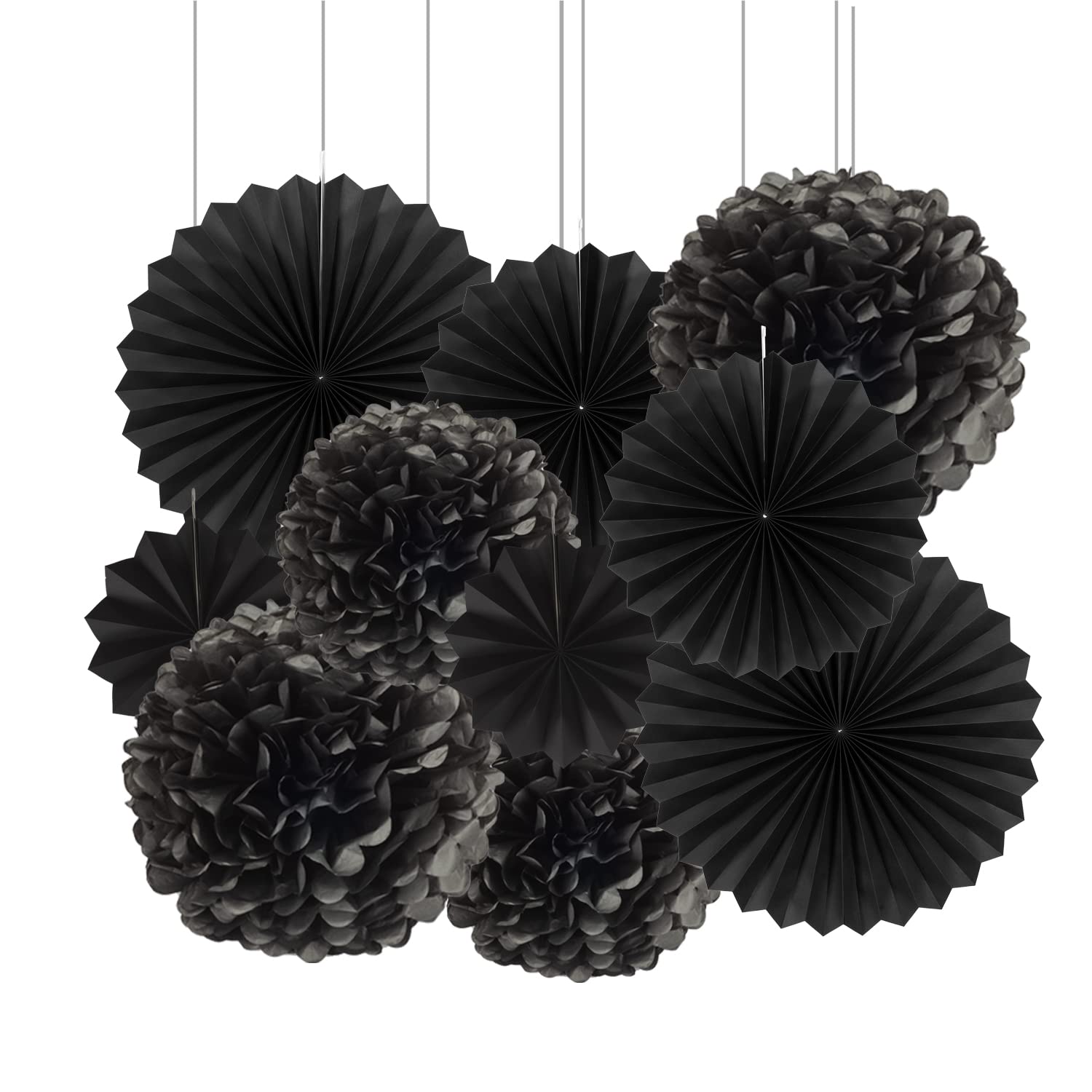 Decoracion de Papel Negro,Pompones de Papel Colgantes y Abanicos de Papel Negro,Pompones de Papel de Tejido y Abanicos de Papel para Boda,Cumpleaños,Fiesta(10 unid.)